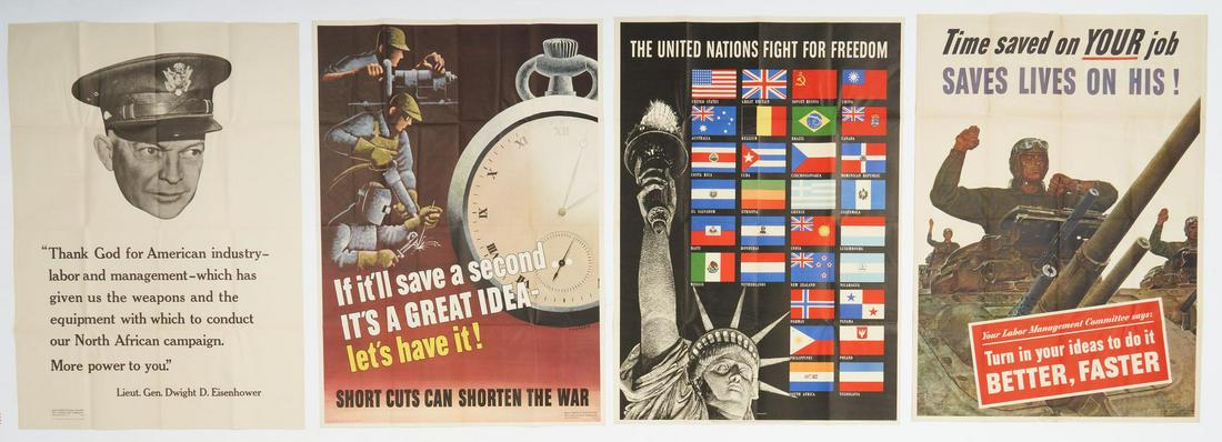 4 WWII Propaganda posters: Four (4) World War II United States propaganda posters. 1st item: Depicts three industrial workers along the left side opposite a watch with text below the workers that reads "If it'll save a second..