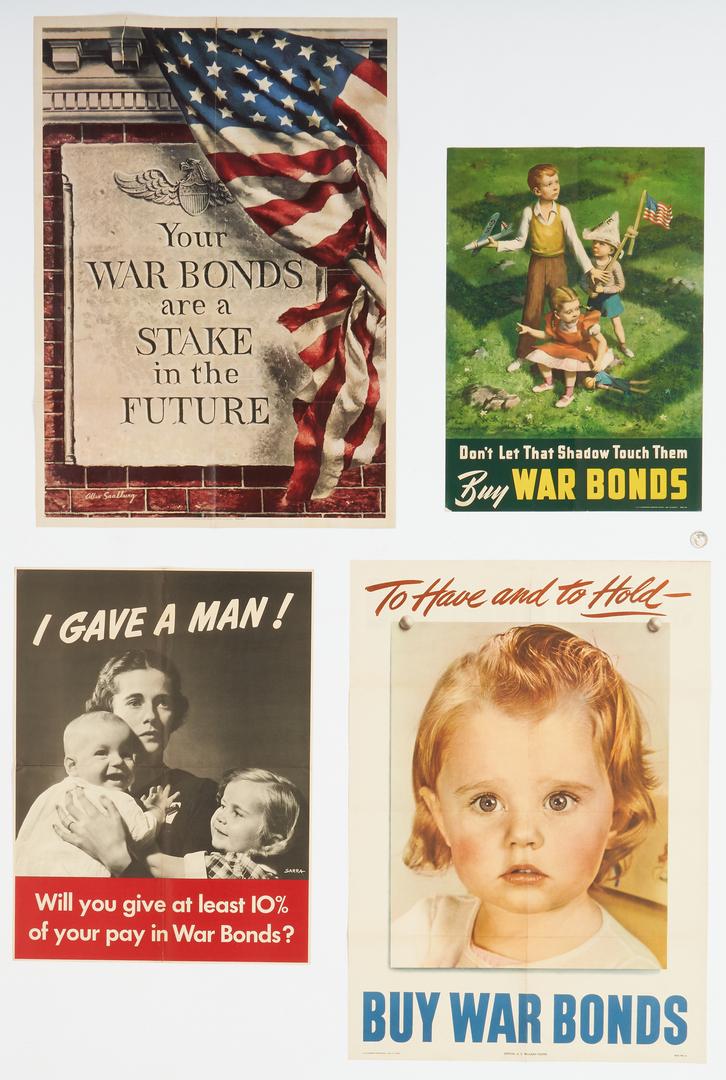 4 WWII Propaganda Posters inc. Lawrence Beall Smith: Four (4) World War II United States war bonds propaganda posters by artists including Allen Saalburg and Lawrence Beall Smith. 1st item: Poster titled "Don't Let That Shadow Touch Them - Buy War Bonds
