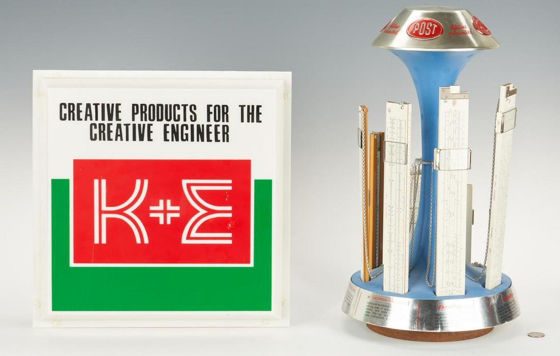 2 Scientific Advertising Displays, Post and K & E: Two (2) Scientific Advertising Displays, Post and Keuffel & Esser. 1st item: Vintage Frederick Post Slide Rule Store Advertising Display. This rotating counter display measures 19" tall, and base meas