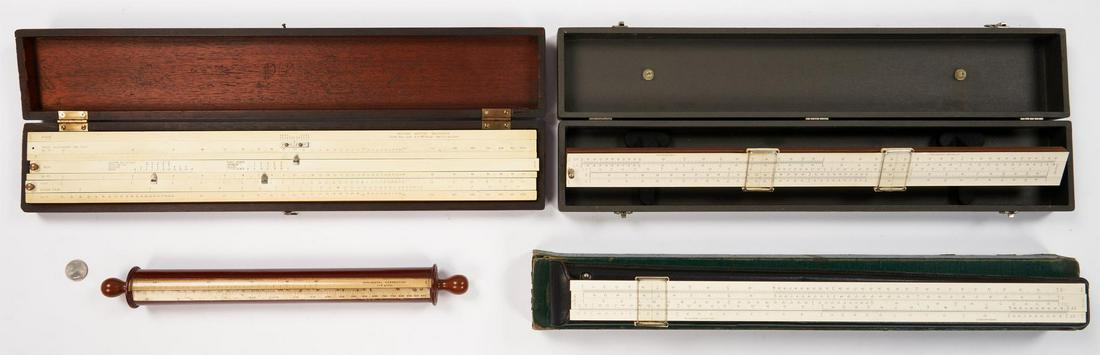 4 Keuffel & Esser Slide Rules, incl. 4105 Webb's Stadia: Four (4) Keuffel & Esser (K&E) slide rulers, including one (1) 4105 Webb's Stadia rule, one (1) Reymond Leather Calculator, and two (2) Merchant Desktop models. 1st item: 4105 Webb's Stadia rule, desi
