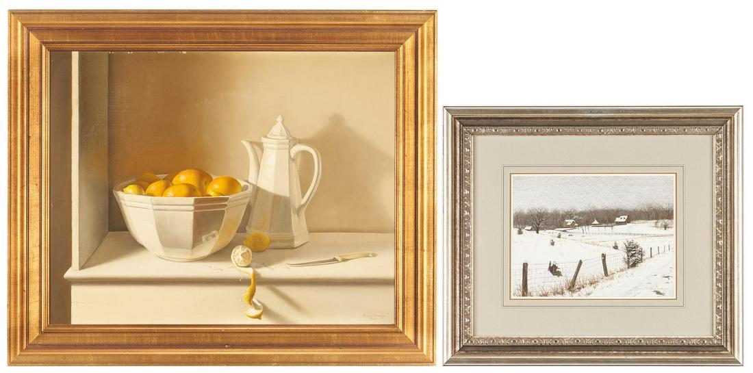 2 Bonnie Chumley Art Works: Two (2) Bonnie Chumley Bush artworks. 1st item: Oil on canvas still life painting depicting a white porcelain bowl with fruit and matching pitcher with a knife and partially peeled lemon, all resting 