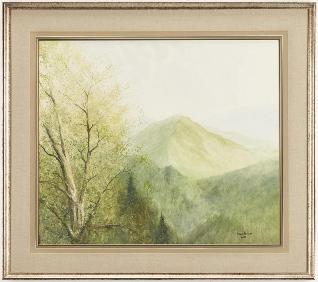 Ron Williams W/C, Springtime Smoky Mountains: Ron Williams (Tennessee, 1947-2016) watercolor on paper painting depicting a tree and mountains in springtime beneath a cloudy grey sky. Signed and dated "Ron Williams 4/82" lower right. Matted and ho