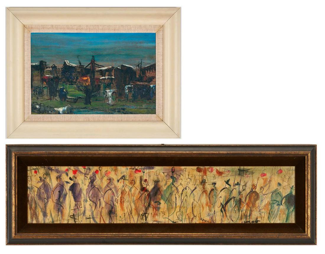 2 American Oil Cityscape Paintings: Two (2) American oil cityscape paintings, including Pascal Cucaro, Roger C. Holt. 1st item: Pascal Cucaro (American, 1915-2004) oil on canvas painting depicting a broad horizontal crowd scene of a bus