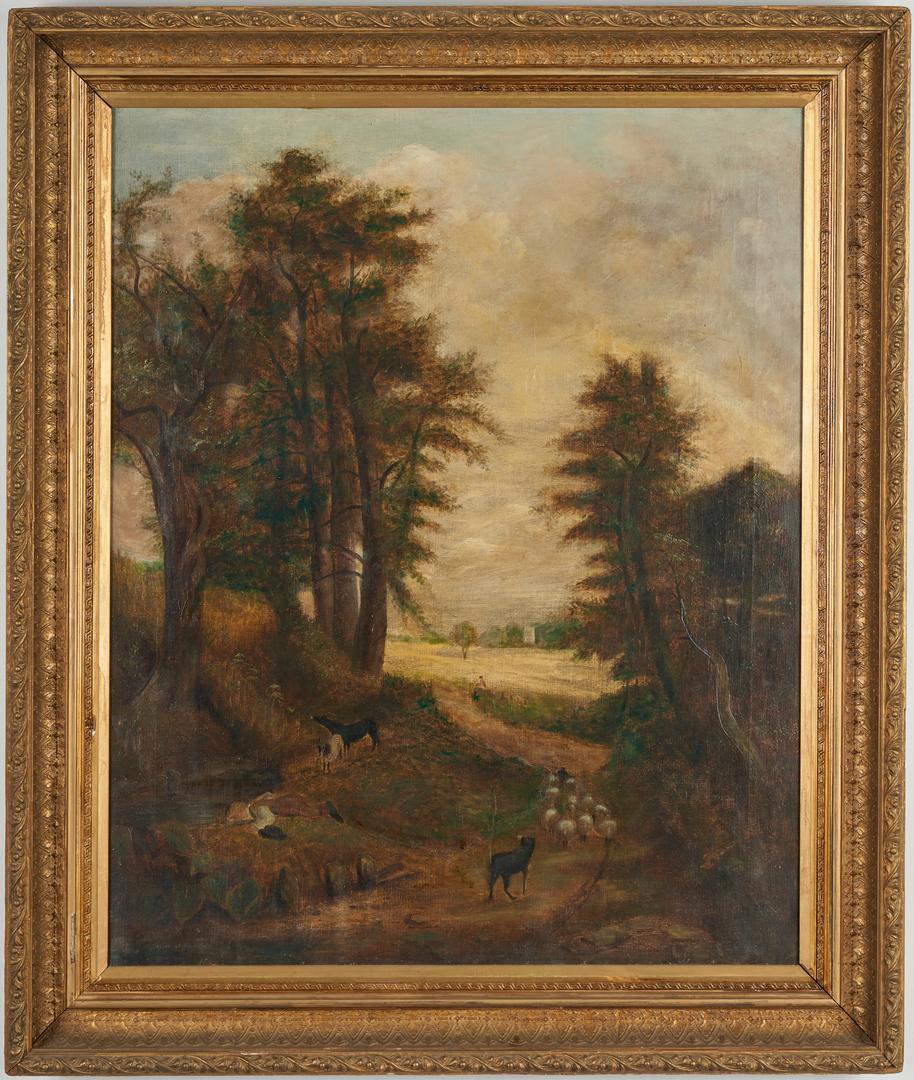 After John Constable, O/C "The Cornfield": After John Constable (English, 1776-1837) , "The Drinking Boy," or "The Cornfield", oil on canvas landscape painting depicting a shepherd boy drinking from a stream, while herding dogs and sheep walk