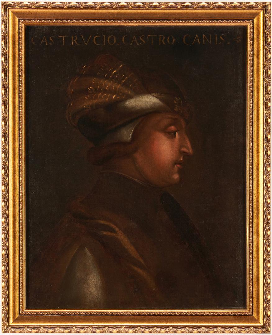 16th C. Italian Portrait, Castruccio Castricane: 16th or 17th century painting of Castruccio Castricane or Castracani, oil on canvas laid down on masonite panel, depicting a head and shoulder profile view of the military leader and Duke of Lucca, wh