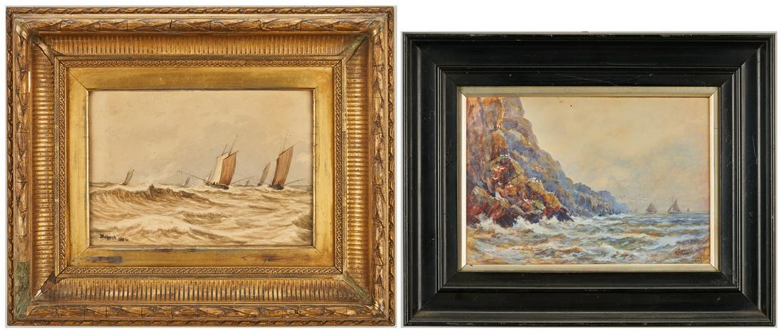 2 Seascape Paintings by Daglish, Foster: Two (2) maritime seascape watercolor paintings, including William Dalglish. 1st item: William Dalglish (United Kingdom, 1860-1909) watercolor seascape painting depicting fishing ships out on a stormy 