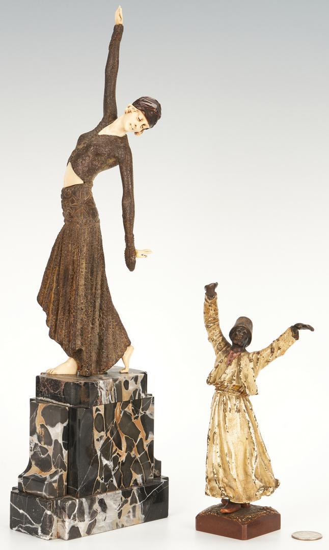 2 Bronze Figural Sculptures, incl . Bergmann: Two (2) bronze figural sculptures, including Franz Xavier Bergmann. 1st item: Franz Xavier Bergmann (1861-1936) cold painted bronze Orientalist style sculpture depicting an Arabian man wearing a fez c