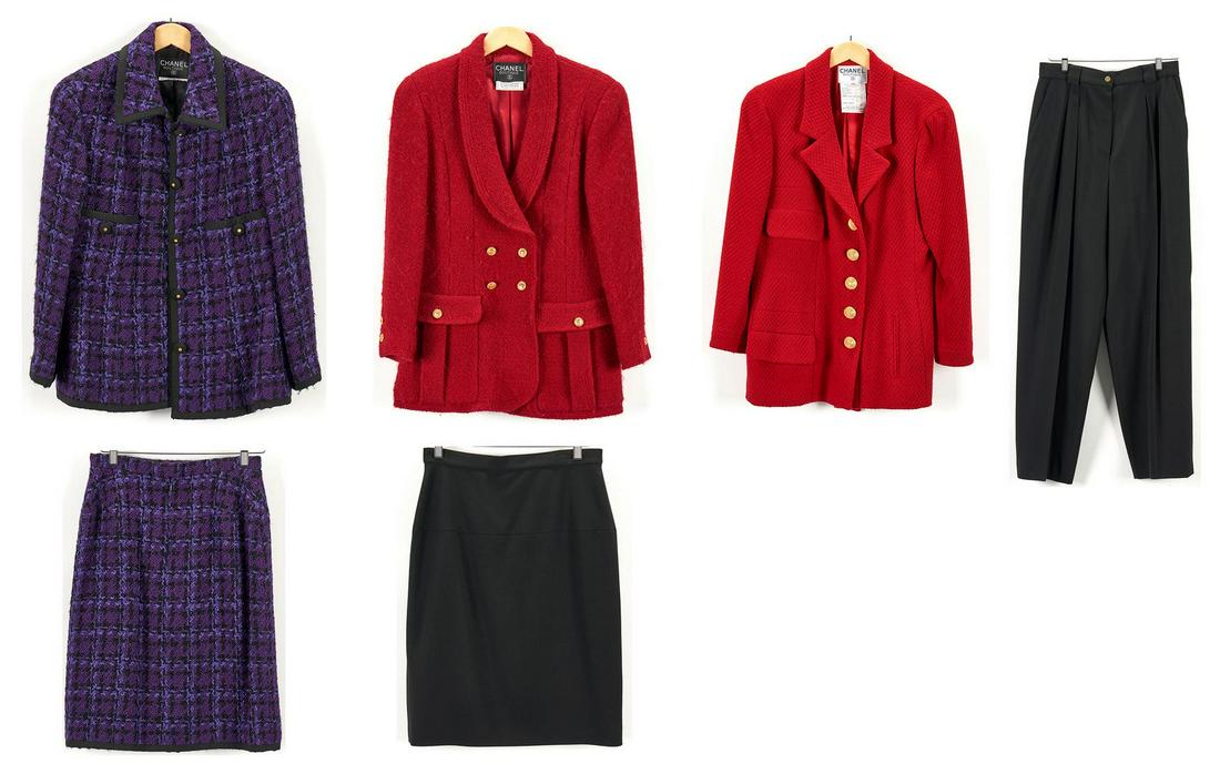 6 Chanel Designer Wool Clothing Items, incl. Suit: Six (6) Chanel designer clothing items, including two (2) piece wool skirt suit, two (2) wool blazers, one (1) pair of wool pants, and one (1) wool skirt. 1st-2nd items: Two (2) piece purple and black
