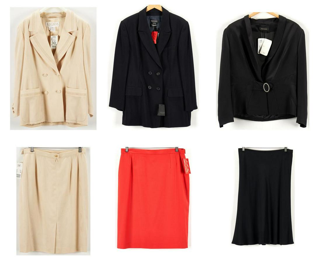 6 NWT Escada Designer Blazers & Skirts: Six (6) Escada designer clothing items, New with Tags, including three (3) blazers and three (3) skirts. 1st-2nd items: Escada by Margaretha Ley two (2) piece cream jacquard new wool rock kombi skirt