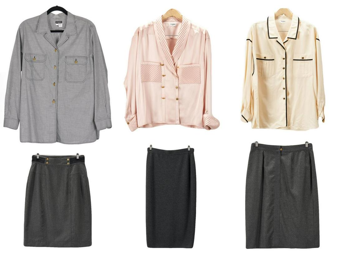 6 Chanel Designer Items, incl. Skirts/Blouses: Six (6) Chanel designer clothing items, including three (3) grey wool skirts, three (3) blouses. 1st item: Grey wool pencil skirt, back zippers with gold tone double "C" logo button closure, grey silk