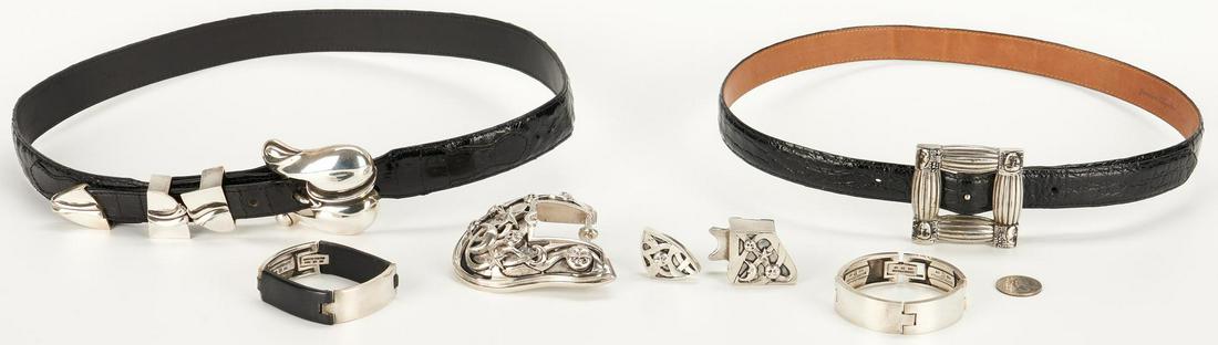 9 Kieselstein-Cord items, incl. 1 3-pc. belt set: Nine (9) Barry Kieselstein-Cord fashion items, including belts, sterling silver belt set, sport bracelets. 1st item: Men's black crocodile belt with sterling silver belt buckle, two keepers, and tip. 