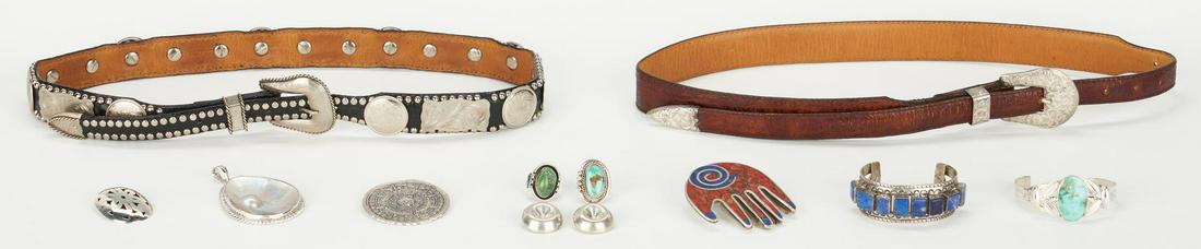 Mexican Sterling Jewelry & Al Beres Belts: Nine (9) pieces assorted Mexican and Southwestern jewelry and two (2) designer belts. 1st item: Al Beres brown leather belt with sterling silver overlay buckle, loop and tip having embossed and engrav