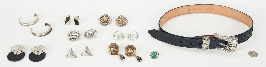 Sterling Jewelry & Belt incl. Stephen Dweck: Ten (10) assorted pieces sterling jewelry, including designer jewelry and belt. 1st item: Carlos Falchi / Stephen Dweck black reptile skin belt with removable sterling silver buckle and loop having em