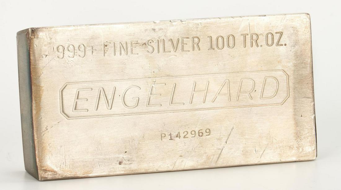 Engelhard Silver Ingot, 100 Troy Ounces: Engelhard .999 Fine Silver Bullion Bar, Serial # P142969. 1 1/8" H x 6" W x 3 1/8" D. 100 troy ounces. Provenance: Estate of Anne Harrison Taylor & Joseph F. Taylor, Morristown, TN.