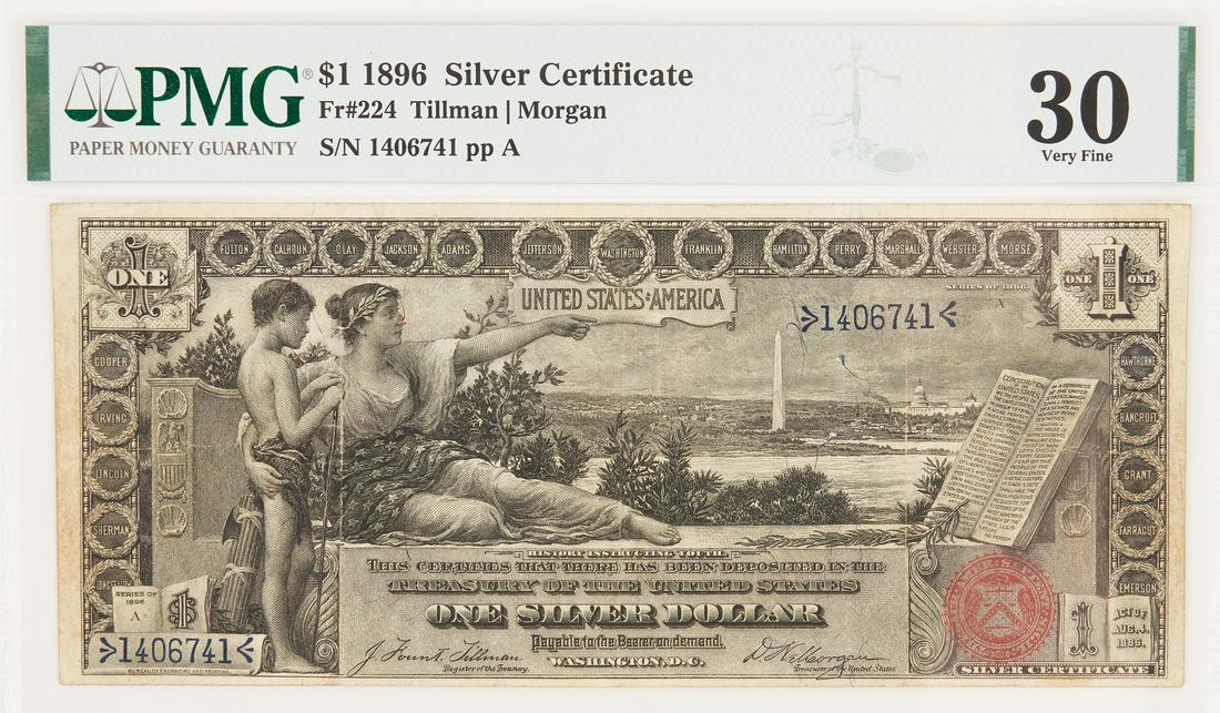 1896 U.S. $1 "Educational" Silver Certificate: 1896 US $1 "Educational" silver certificate, depicting "History instructing Youth" with Washington, D.C. in background, obverse. Designed by Will H. Low (New York/France, 1853-1932) and engraved by Ch