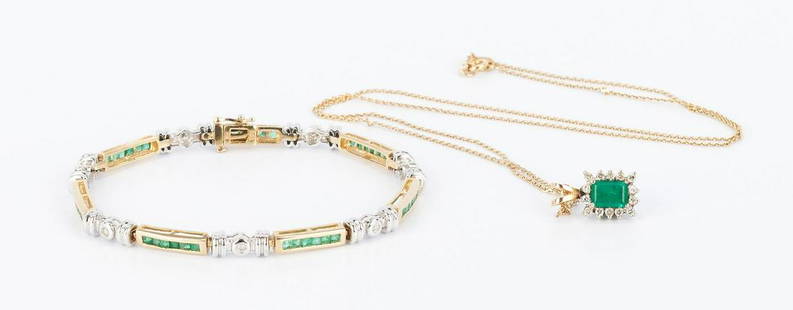 Ladies Diamond and Emerald Bracelet & Pendant w/: 1st item: Ladies 14K yellow and white gold bracelet featuring 7 round brilliant diamonds approximately 0.14 carats, clarity-I1, Color-I and 42 square step cut natural emeralds. Marked "14K" and "585"