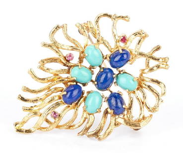 18K Gold & Gemstone Brooch: Ladies 18K yellow gold brooch featuring four (4) oval cabochon natural lapis lazuli, four (4) oval cabochon natural turquoise, and three (3) single cut natural pink sapphires. The brooch is marked