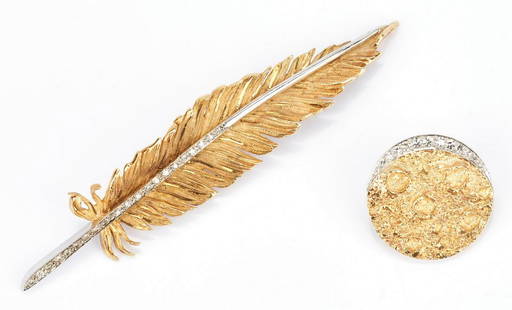 2 Ladies 18K Diamond Pins, Feather & Moon: 1st item: Ladies 18K yellow and white gold feather pin featuring 21 single cut diamonds approximately 0.14 carats, Clarity-SI1, Color-I. The pin is marked "18K" as well as being engraved "1211". The