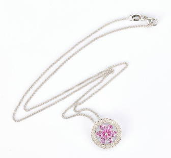 Ladies 18K Diamond & Pink Sapphire Pendant & 14K White: One (1) ladies 18K diamond and sapphire pendant together with one (1) ladies 14K necklace. 1st item: Ladies 5/8" round 18k white gold pendant set in the center with 6 "rounded" marquise shaped