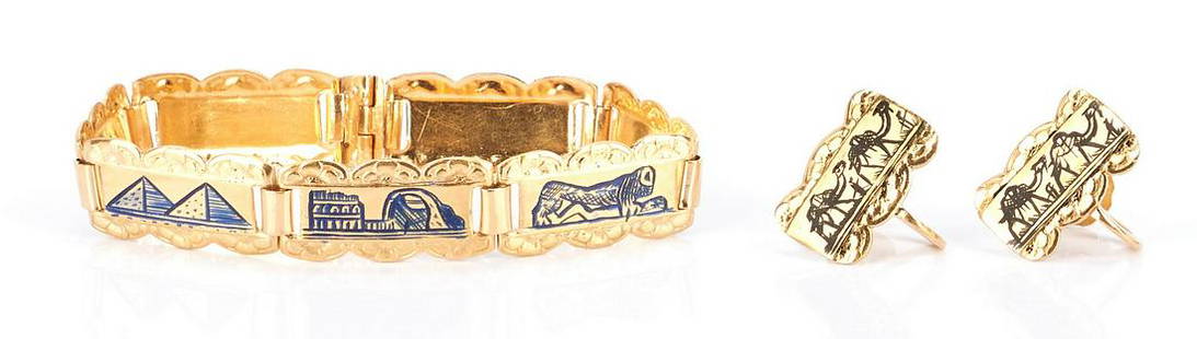 18K Gold Egyptian Tile Bracelet and Earrings: 18K Gold Egyptian Tile Bracelet and Earrings. 1st item: Ladies 18K yellow gold tile 6.5" L tile bracelet featuring Egyptian motifs on each tile. The bracelet tests 18K. Gross weight of the bracelet