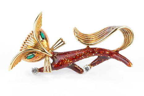 Ladies 18K Gold Walking Cat Pin: Ladies 18K yellow gold walking cat pin featuring 2 marquise cut green spinel as eyes and 2 white topaz on the paws. The body of the cat is mostly covered with a dark reddish brown enamel. The pin is