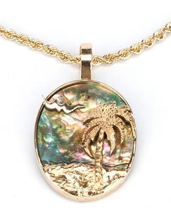 Ladies 14K Pendant & Rope Necklace: Grouping of one (1) ladies abalone pendant and one (1) 14K yellow gold rope necklace. 1st item: One ladies 14k yellow gold pendant framed around an oval 1.25x 1 inch piece of abalone with a gold palm