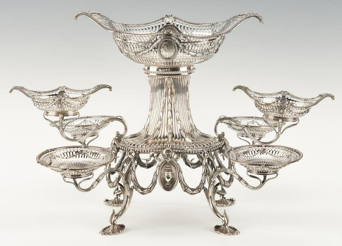 George III Neoclassical Silver Epergne: George III Neoclassical sterling silver epergne or centerpiece, Thomas Pitts I, London, 1774-1775. Reticulated oval center basket with flared rims having applied acanthus and shell decoration, the sid