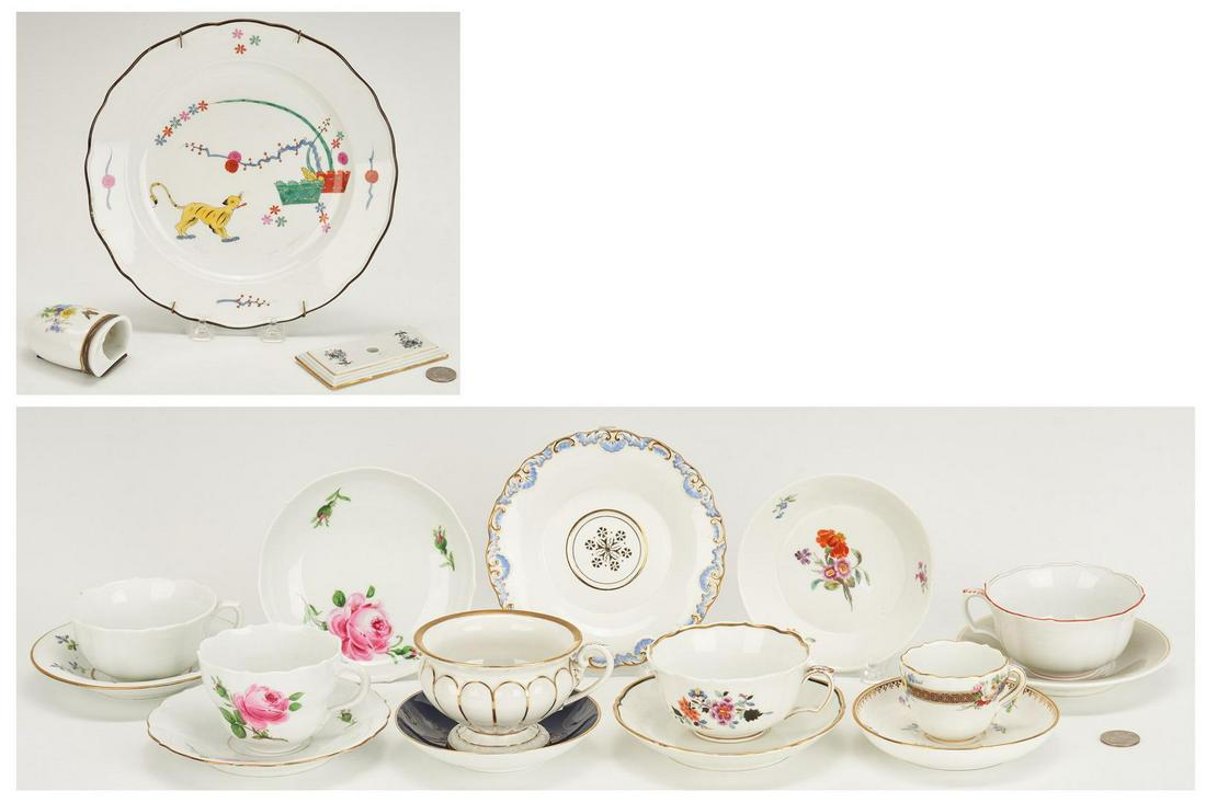 18 Meissen and KPM Porcelain Items, incl. Kakiemon: Eighteen (18) Meissen and KPM porcelain rarities, teacups, and saucers. 1st-3rd items: Three (3) Meissen porcelain rarities including Ashtray, Kakiemon Plate, and Light Switch Cover, plus book. 1st it