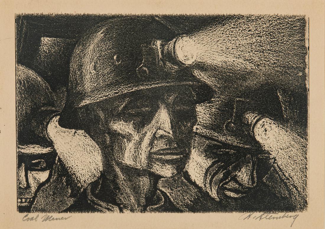 Harry Sternberg Crayon Aquatint, Coal Miner: Harry Sternberg (New York/California, 1904-2001) crayon aquatint on paper titled "Coal Miner" depicting a closeup view of a group of coal miners wearing helmets with illuminated lights. Titled lower l