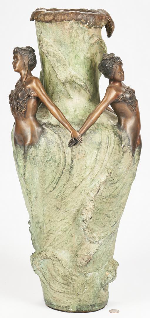Art Nouveau Bronze Vase, after Chalon: Large Art Nouveau figural patinated bronze floor vase, after the original by Louis Chalon (French, 1866-1940) titled "Sea Sprites or The Girls of the Waves". Baluster form vase adorned with three figu