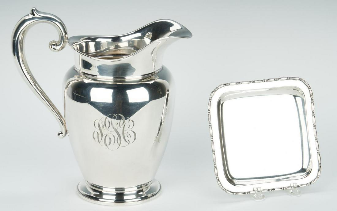 Sterling Water Pitcher plus small square dish: 2 sterling silver items. 1st item: Water pitcher, marked for F.B. Rogers Co., SSC monogram to front, 9 1/2" H. 2nd item: Small square dish with bead and oval design at rim, marked on underside for Ree