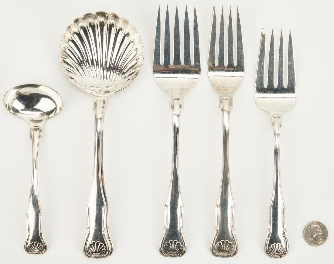 6 pcs Kirk Sterling Serving Forks and Ladles: 6 pieces S. Kirk & Son sterling silver serving flatware, King Pattern (introduced 1825, discontinued 2007). Includes 2 serving forks (each 9 1/2" L, 1 monogrammed FSF), 1 cold meat serving fork (8 3/4
