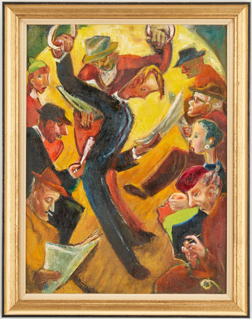 WPA Era Oil on Board Subway Scene: WPA-era oil on board painting depicting people on a train or subway holding onto overhead straps while other passengers sit reading newspapers. Unsigned. Housed in a molded giltwood frame. Sight - 15 