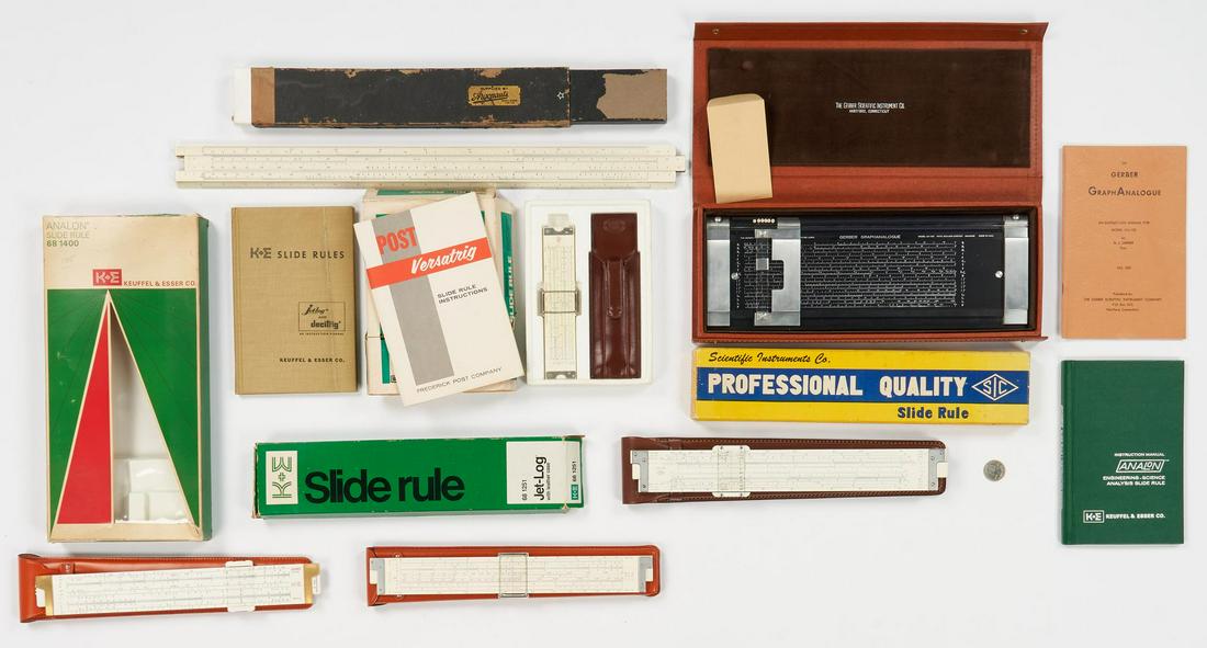 5 Linear Slide Rules, incl. K&E, 7 items: Five (5) boxed linear slide rulers, including Keuffel & Esser (K & E), Scientific Instruments Company, Post, and Sun Hemmi, one (1) Gerber GraphAnalogue, and one (1) Keuffel & Esser instruction manual