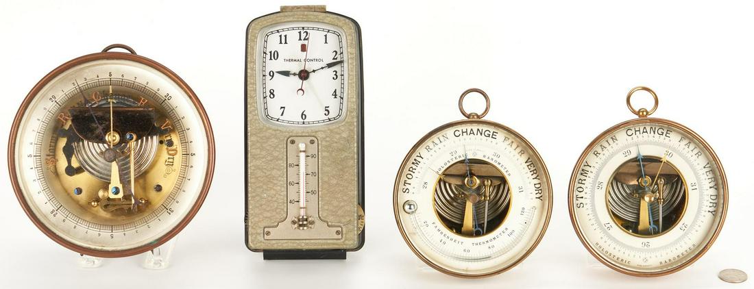 Four Early 20th Cent. Barometers & Thermostat: Grouping of three (3) barometers and one (1) Thermal Control thermostat. 1st-3rd items: Three (3) brass ship barometers, including two holosteric barometers by Pertuis, Hulot, Bourgeois & Naudet, mark