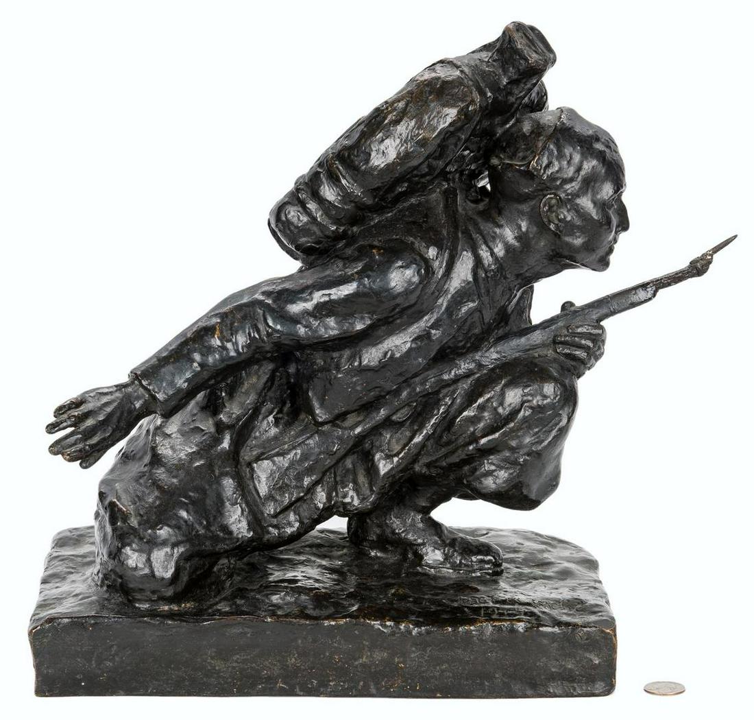WWI Bronze Figural Sculpture of a Soldier: European World War I era bronze figural sculpture depicting a kneeling soldier or hunter with rifle and bayonet. Signed and dated on the rectangular base corner "L. Delaroche/1914". 14 5/8" H x 12 3/4