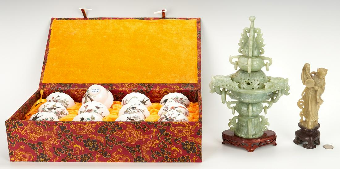 14 Asian Decorative Items, incl. Porcelain Month Wine: Fourteen (14) Asian Decorative Items, incl. Porcelain Wine Cups. 1st-12th items: Set of twelve (12) Chinese Famille Rose eggshell porcelain wine or tea cups with scalloped rims and flowering branch wi