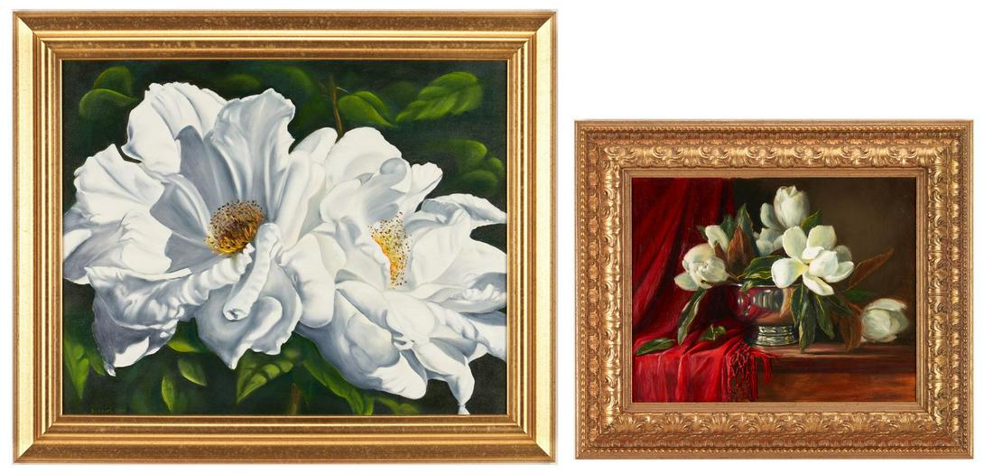 2 Magnolia Floral Paintings, incl. Jeanne Crain Leemon: Two (2) American paintings of white magnolia flowers by Jeanne Crain Leemon and Anthony Soskich. 1st item: Jeanne Crain Leemon (American, b. 1957) oil on board floral still life painting depicting mag
