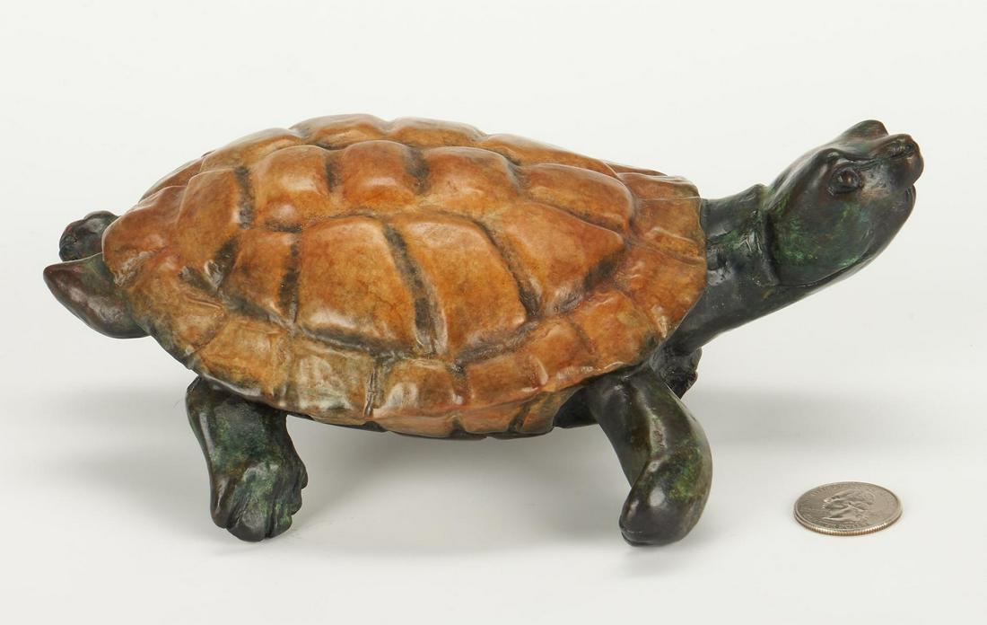 Robert Ball Bronze Sculpture of a Turtle: Robert Ball (American, 20th/21st century) bronze sculpture titled "Large Turtle". Signed and numbered "R. Ball 27/77" on underside of the shell. 2 3/4" H x 5 3/4" W x 7 1/2" D. American, early 21st ce