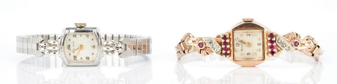 2 14K Bulova watches, one in rose gold with: Two (2) Ladies Bulova watches. 1st item: 14K white gold Bulova 17 jewel wrist watch. Marked "14K", "Bulova", "LI", and "72442". Watch has a 6" circumference expanding band. Gross weight is 14.9 grams.