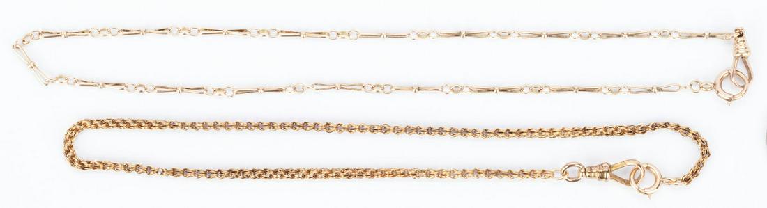 2 10K Watch Chains or Fobs: 2 10K Watch Chains or Fobs. 1st item: 15" L 10K yellow gold watch chain or fob. Marked "10K". Gross weight is 6.0 grams. 2nd item: 14" L 10K yellow gold watch chain or fob. Marked "10K".Gross weight i