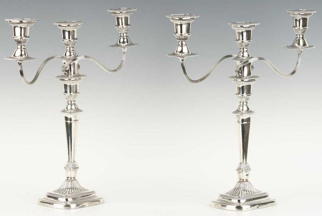 Pair Ellis Barker Neoclassical Style Candelabra: Pair large Neoclassical style 3-light candelabra with reeded arms supporting rectangular, gadroon-edge candle cups and issuing from a central square tapering shaft and rectangular base with curved cor