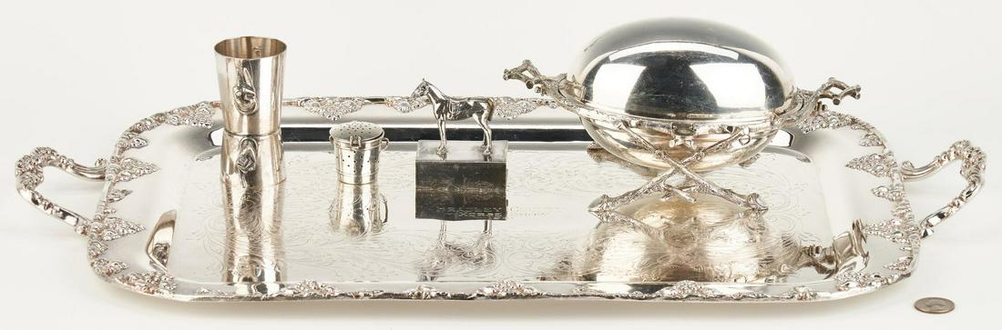 5 Silverplated Items incl. Horse Trophy Tray: 1st item: Silverplated platter with grapevine border and two handles, the center with scrolling floral decoration and inscribed BRADLEY COUNTY HORSE SHOW 1940. Maker's mark FB Rogers en verso. 14" x 2