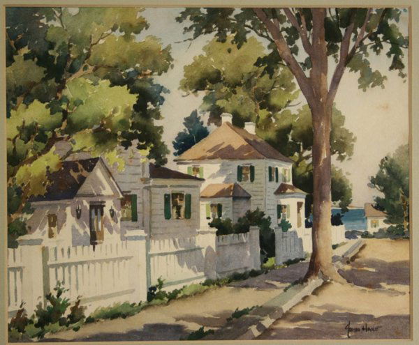 Coastal house watercolor painting by John Hare: Watercolor painting depicting coastal scene, signed John Hare (John Cuthbert Hare, American, 1908-1978). Hare is known for his watercolors usually depicting seascapes, harbor scenes, boats and marine