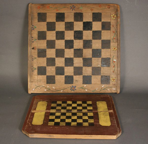 Two folk art painted game boards