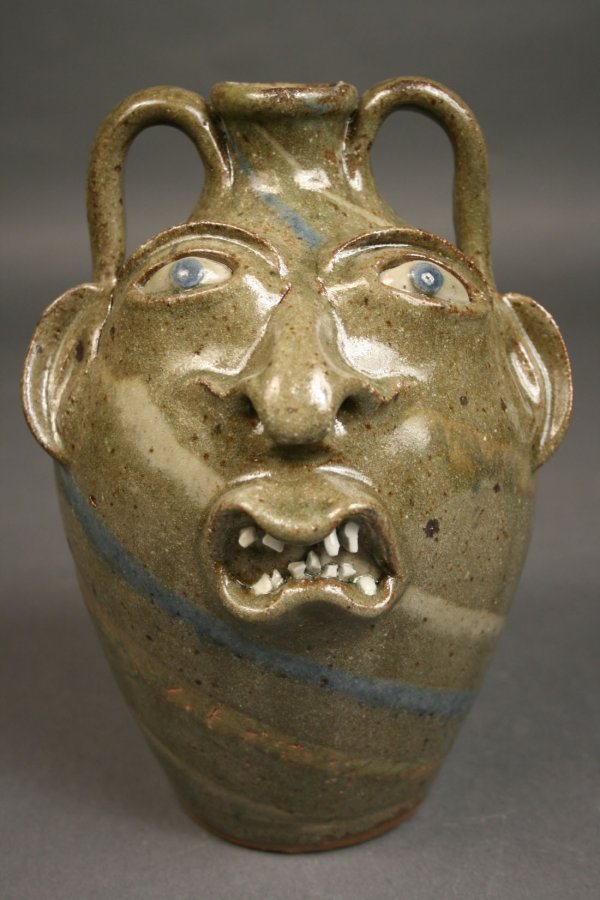 Joe Reinhardt double handle folk pottery face jug