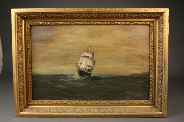 Oil on board painting of ship at sea