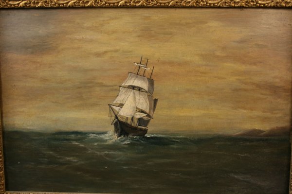 Oil on board painting of ship at sea - 2