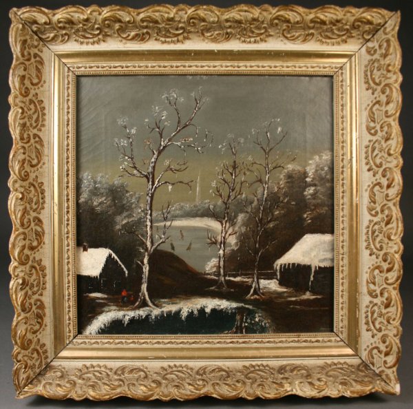 Oil of winter snow skating scene painting