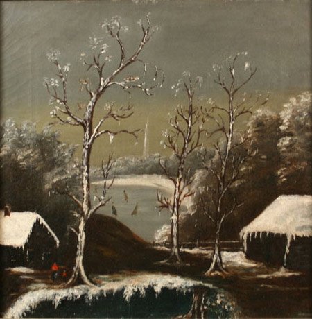 Oil of winter snow skating scene painting - 2